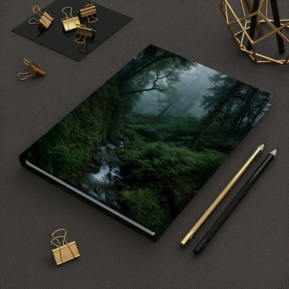 Misty Forest Stream Through Tall Dark Trees – Notebooks