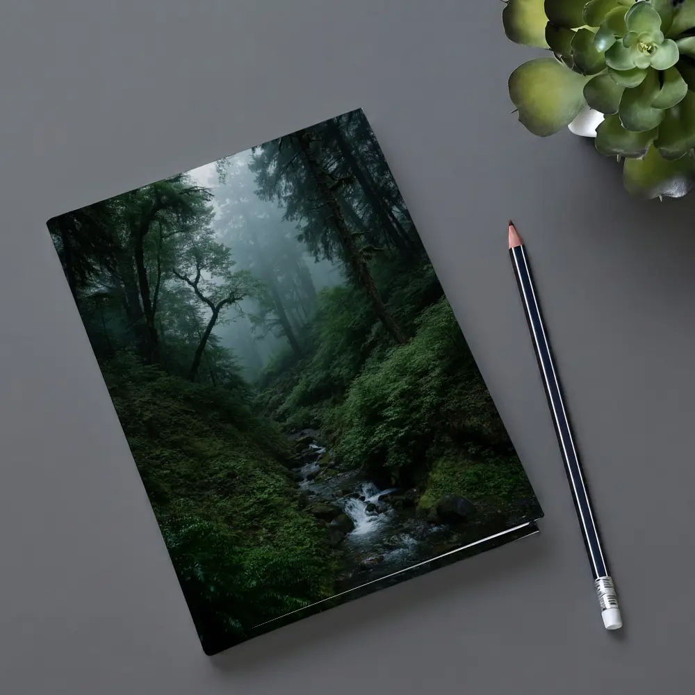 Misty Forest Stream Through Tall Dark Trees – Notebooks