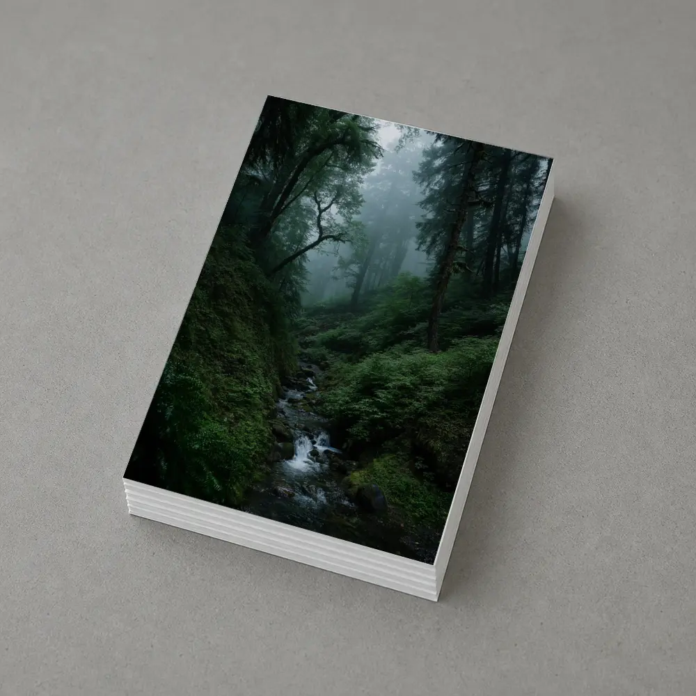 Misty Forest Stream Through Tall Dark Trees – Postcards