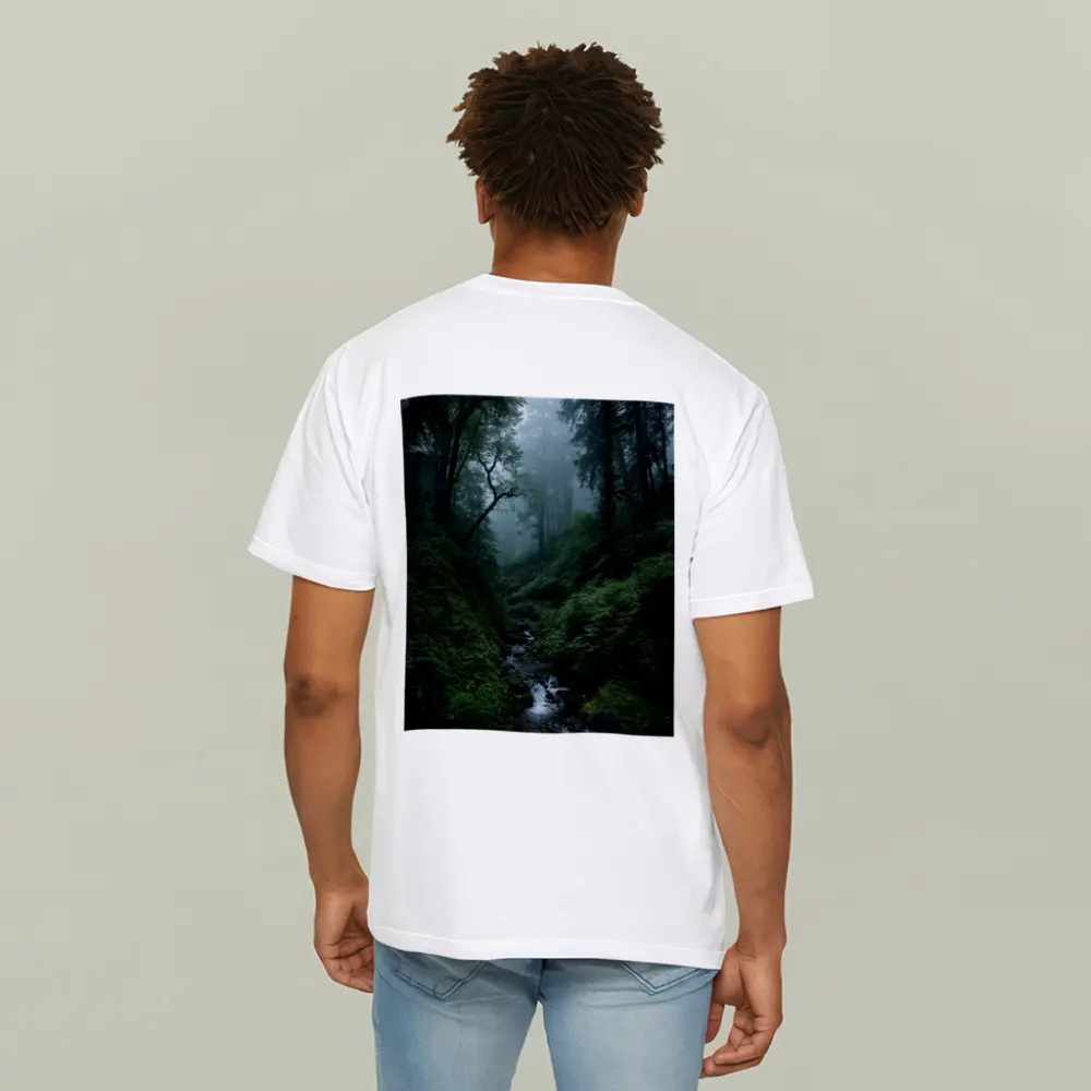 Misty Forest Stream Through Tall Dark Trees – T-Shirts