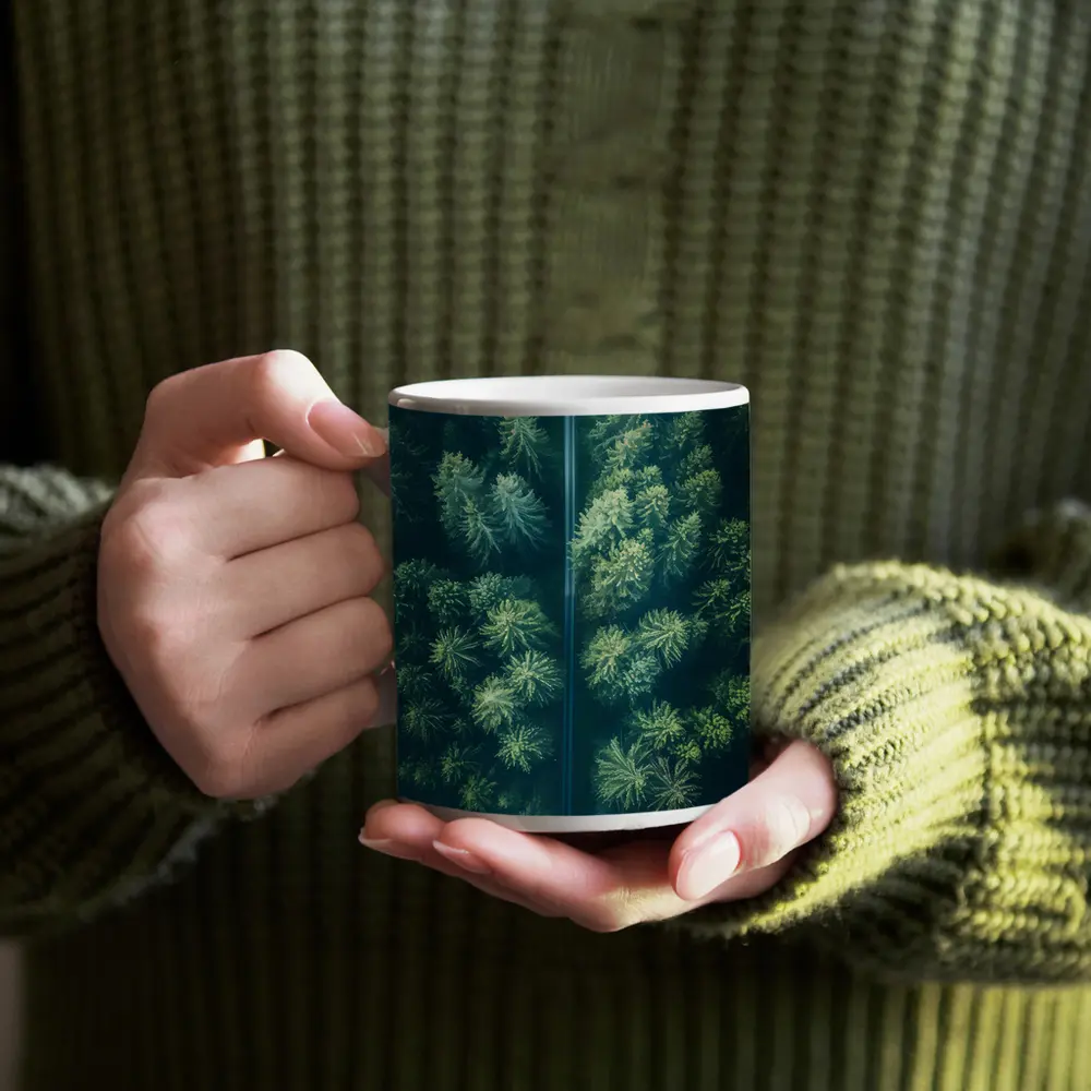 Aerial View Road Through Pine Forest – Mugs