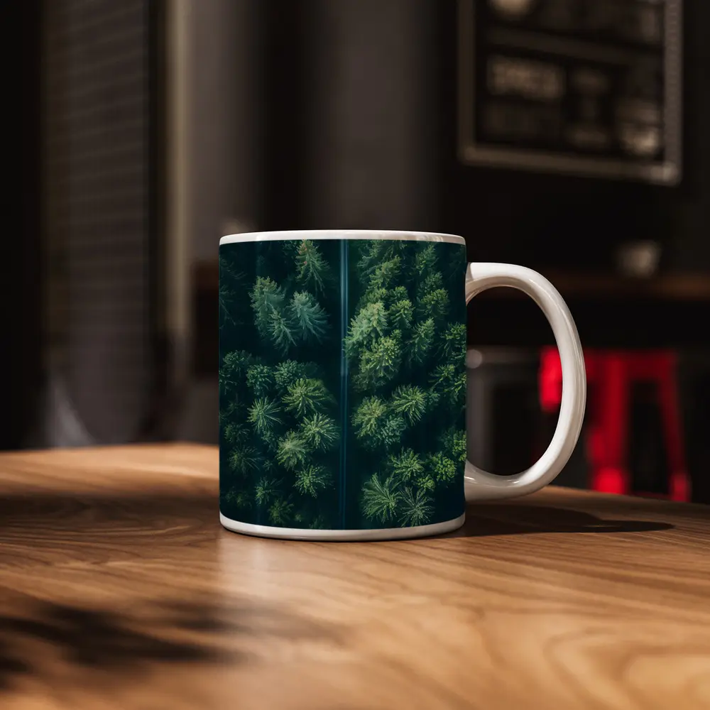 Aerial View Road Through Pine Forest – Mugs