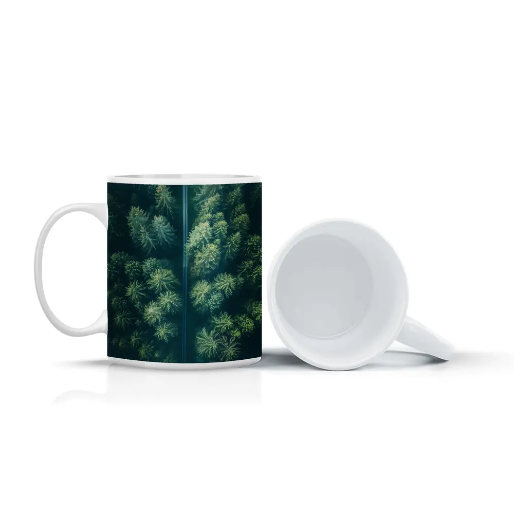 Aerial View Road Through Pine Forest – Mugs