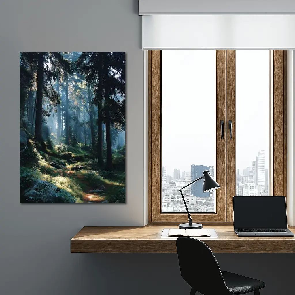 Misty Forest Path With Tall Pine Trees – Wall Art