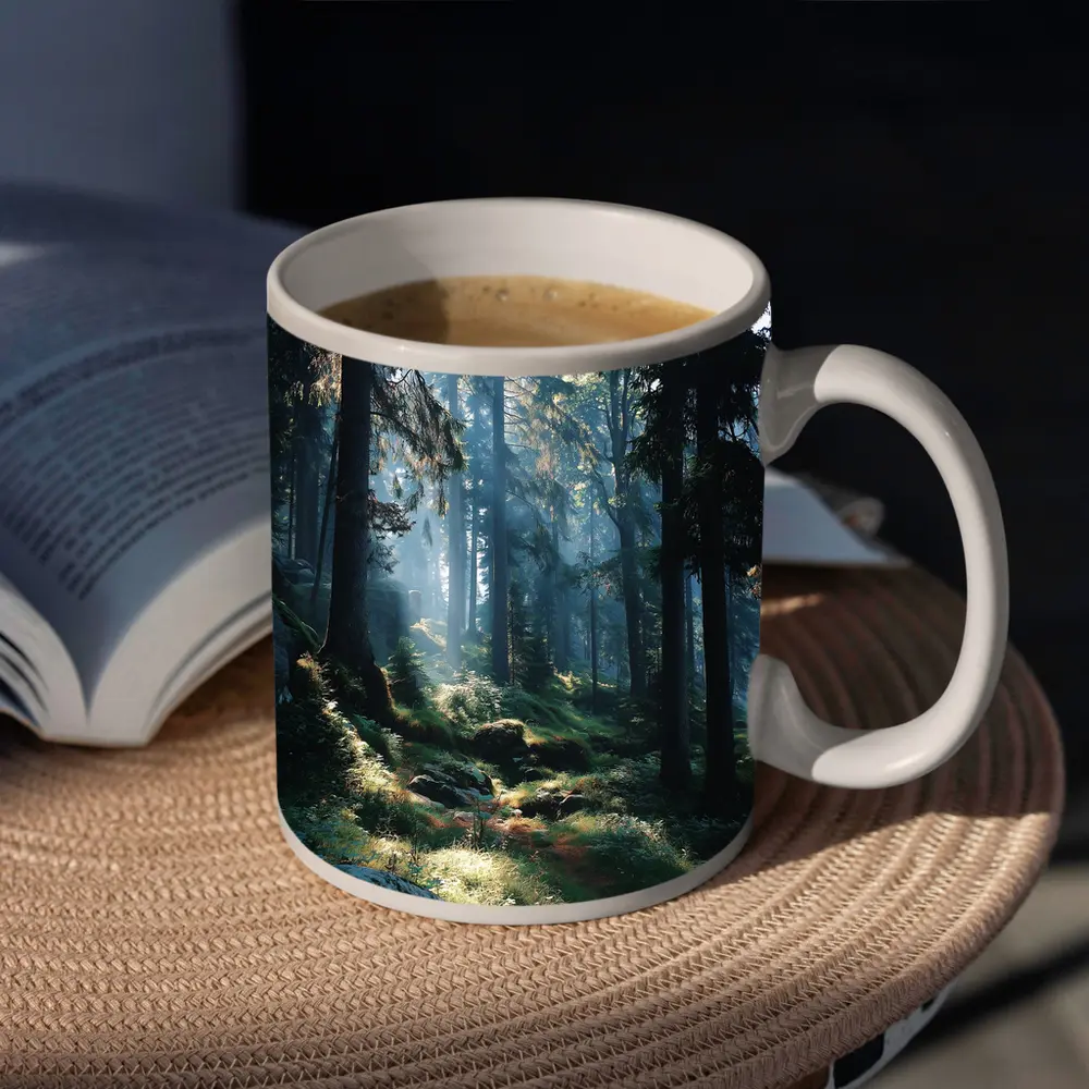 Misty Forest Path With Tall Pine Trees – Mugs