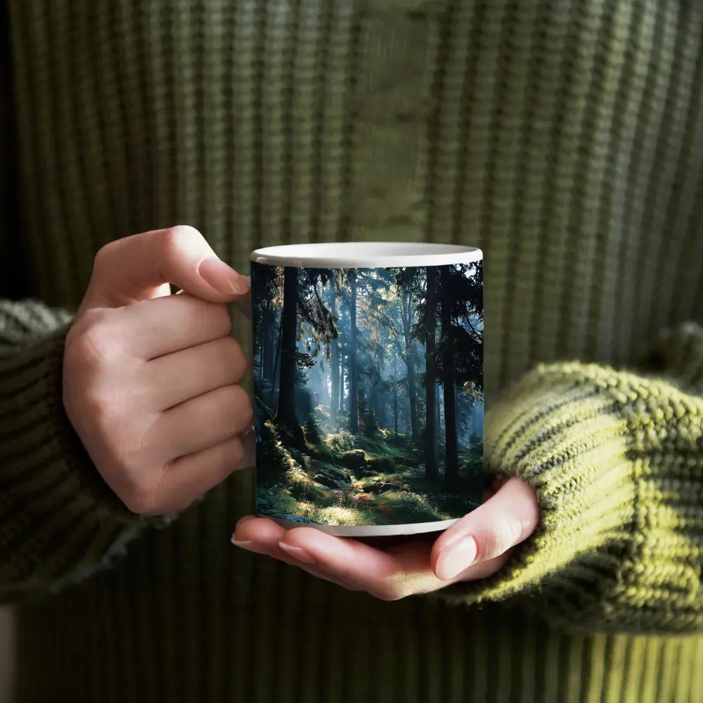 Misty Forest Path With Tall Pine Trees – Mugs