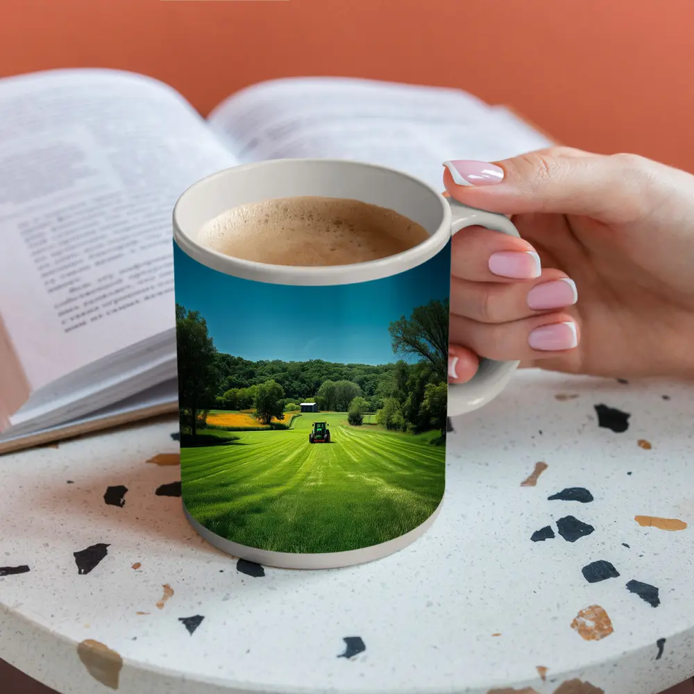 Green Farm Field Tractor Rural Countryside – Mugs