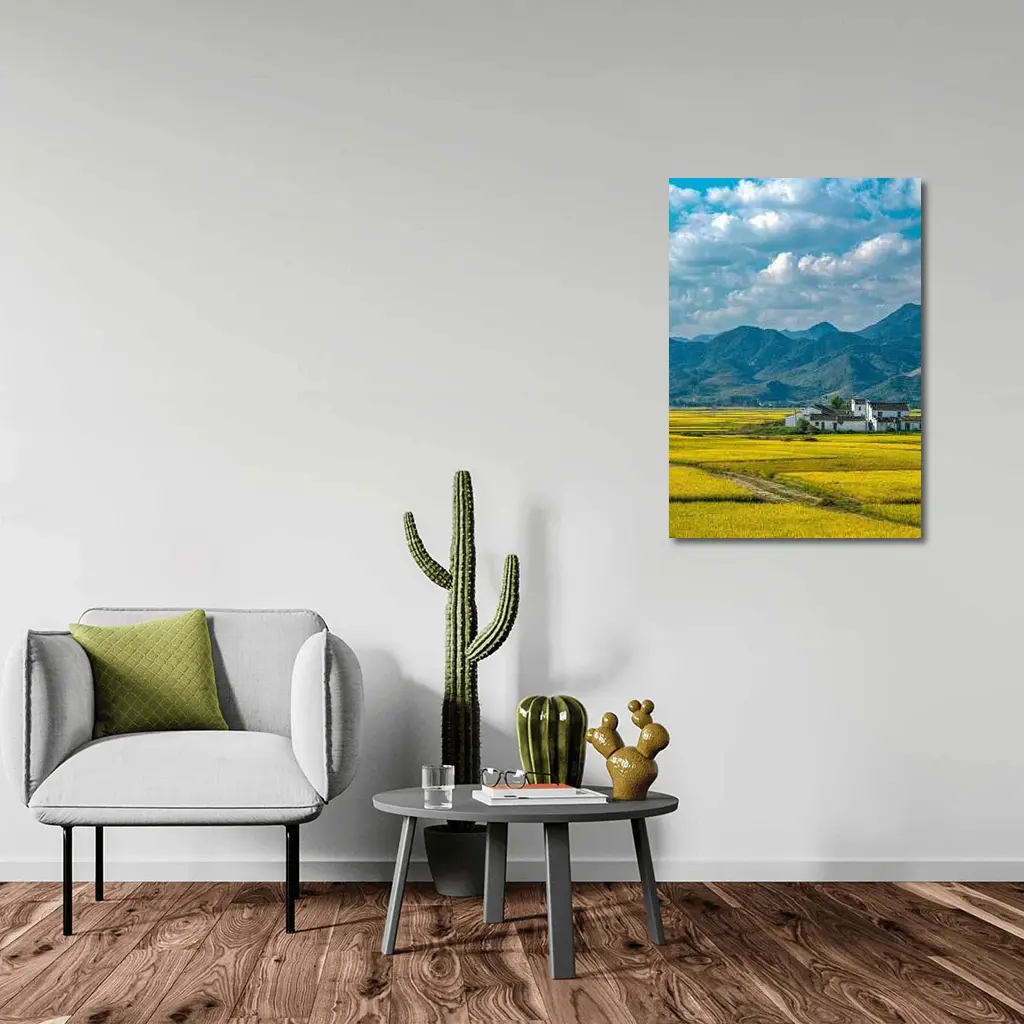 Golden Rice Fields Mountains White Farmhouse – Wall Art