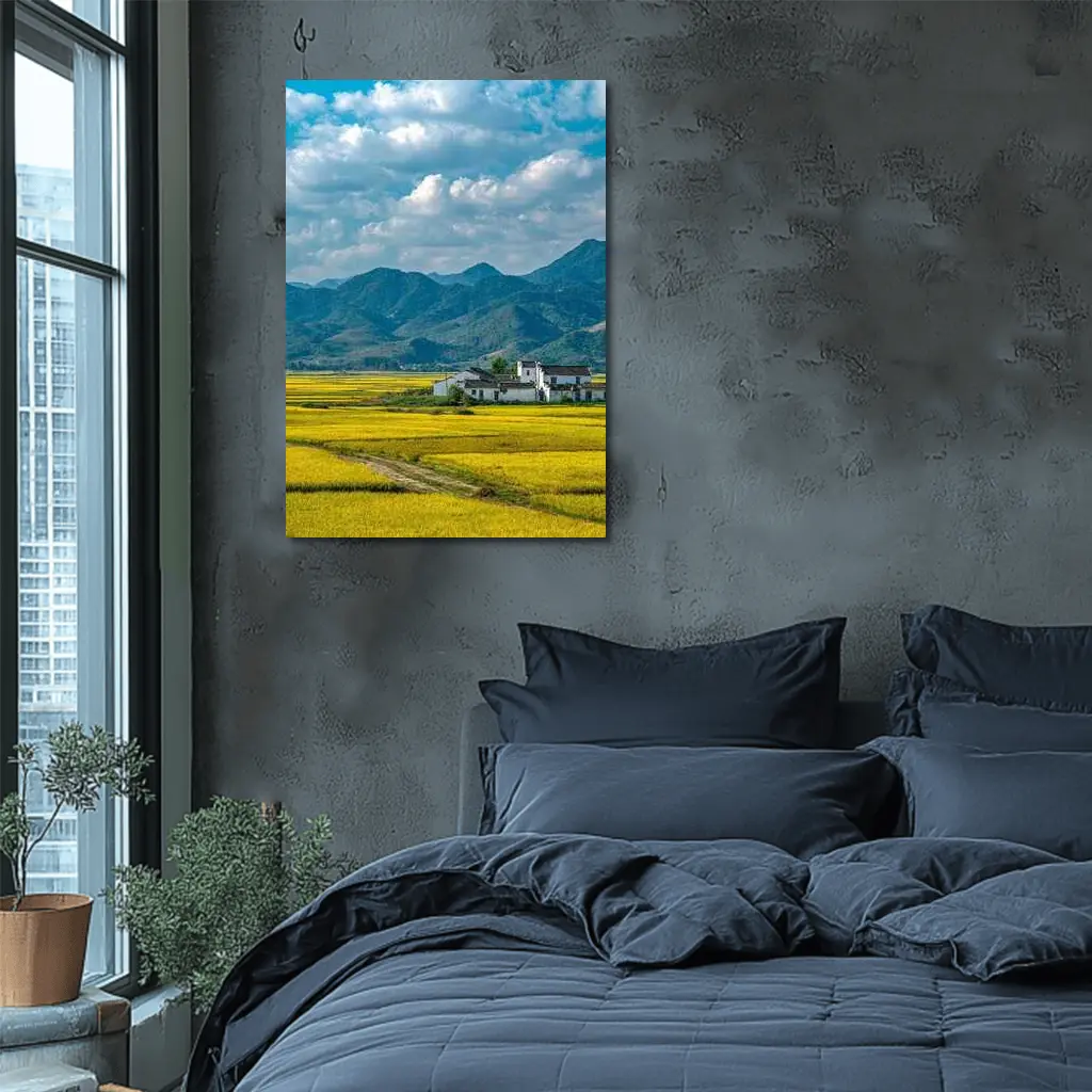 Golden Rice Fields Mountains White Farmhouse – Wall Art
