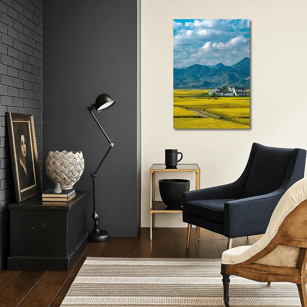 Golden Rice Fields Mountains White Farmhouse – Wall Art