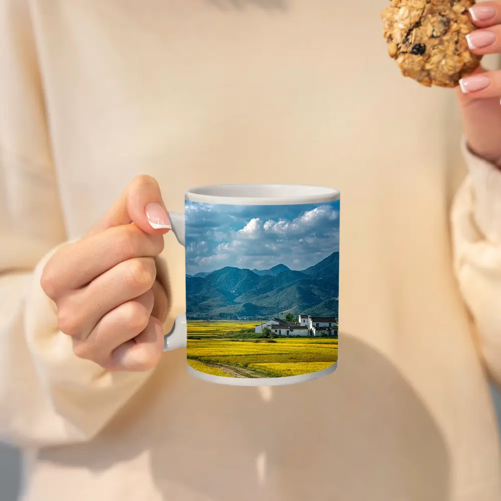 Golden Rice Fields Mountains White Farmhouse – Mugs