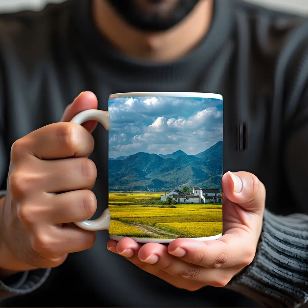Golden Rice Fields Mountains White Farmhouse – Mugs