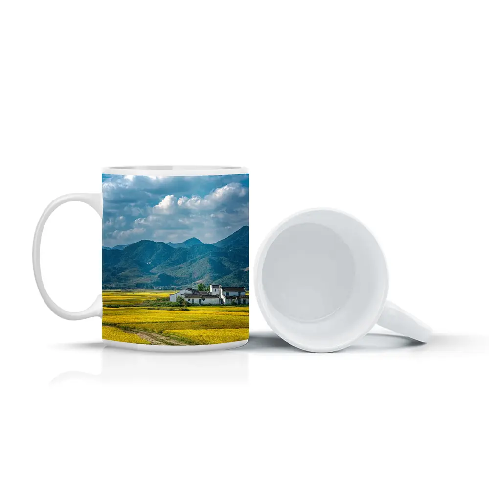 Golden Rice Fields Mountains White Farmhouse – Mugs