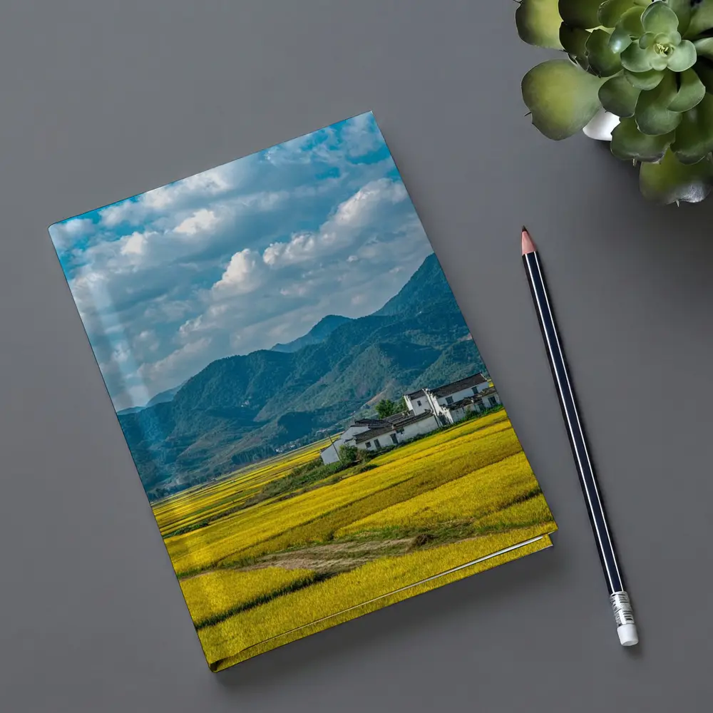 Golden Rice Fields Mountains White Farmhouse – Notebooks