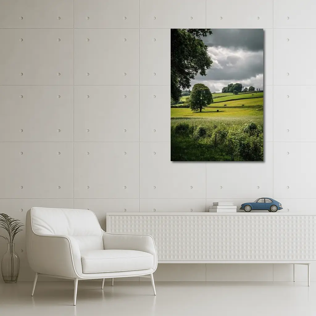 Rolling Green Fields Under Stormy Cloudy Sky – Wall Art