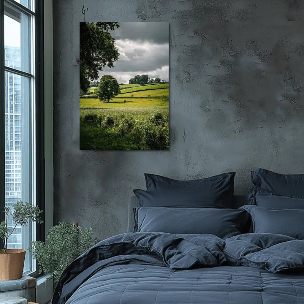 Rolling Green Fields Under Stormy Cloudy Sky – Wall Art