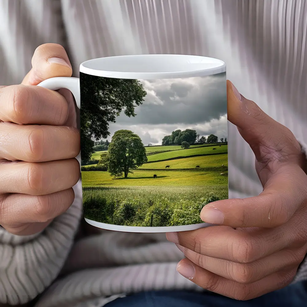 Rolling Green Fields Under Stormy Cloudy Sky – Mugs