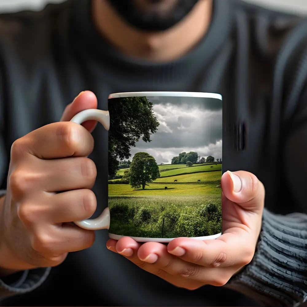 Rolling Green Fields Under Stormy Cloudy Sky – Mugs