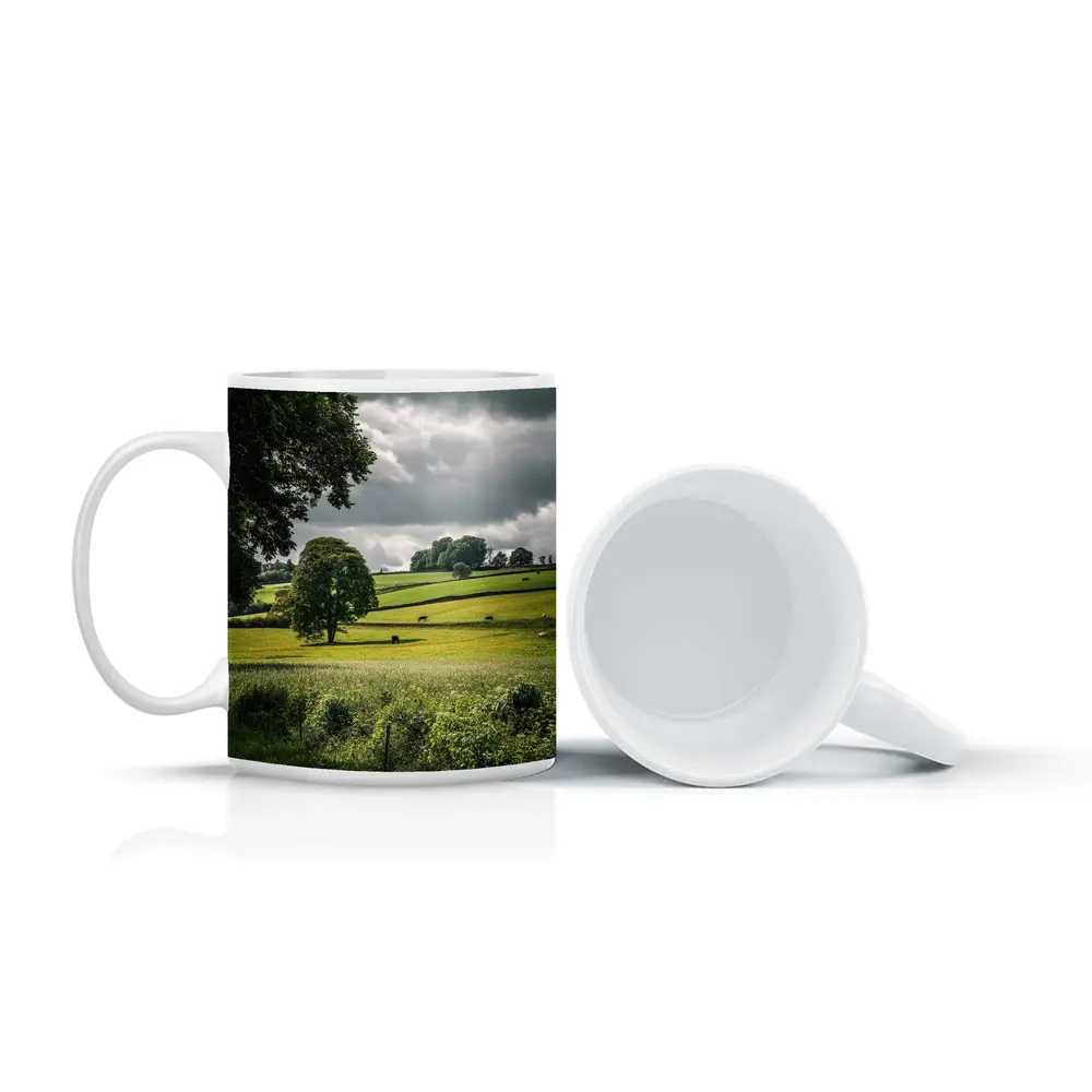 Rolling Green Fields Under Stormy Cloudy Sky – Mugs
