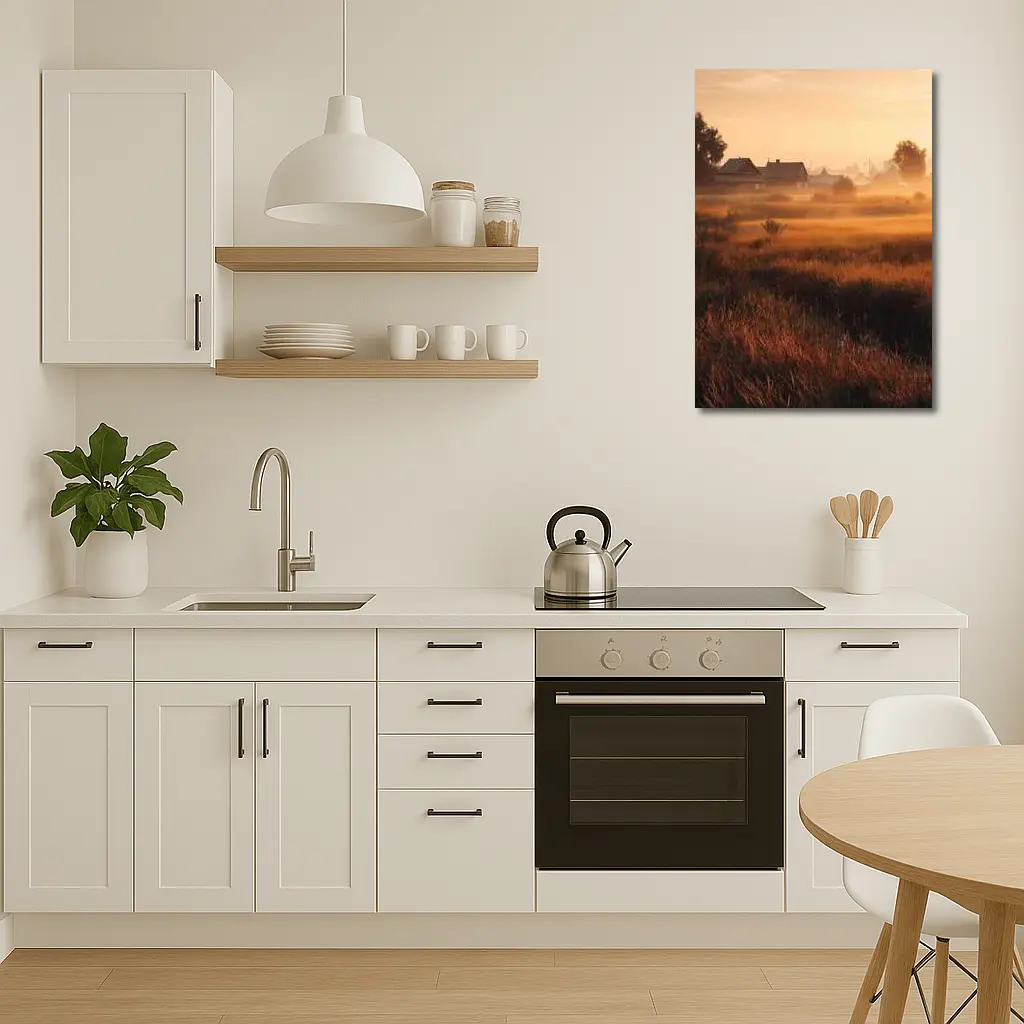 Misty Rural Village at Golden Sunrise – Wall Art