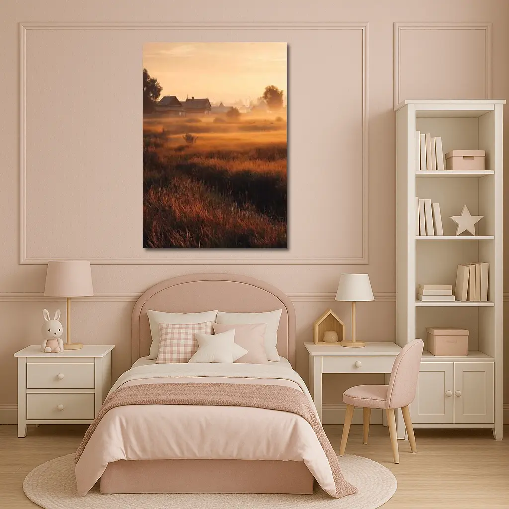 Misty Rural Village at Golden Sunrise – Wall Art