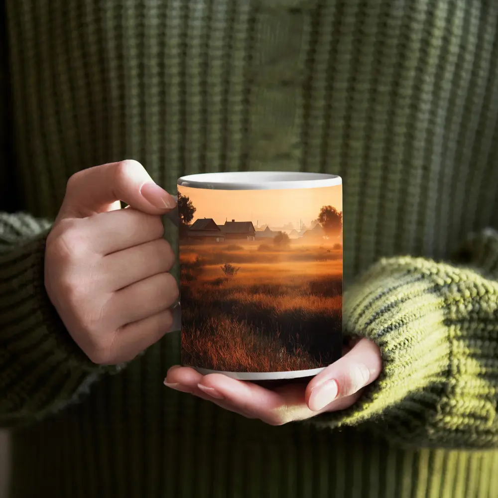 Misty Rural Village at Golden Sunrise – Mugs