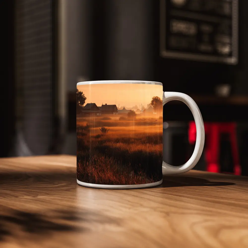 Misty Rural Village at Golden Sunrise – Mugs