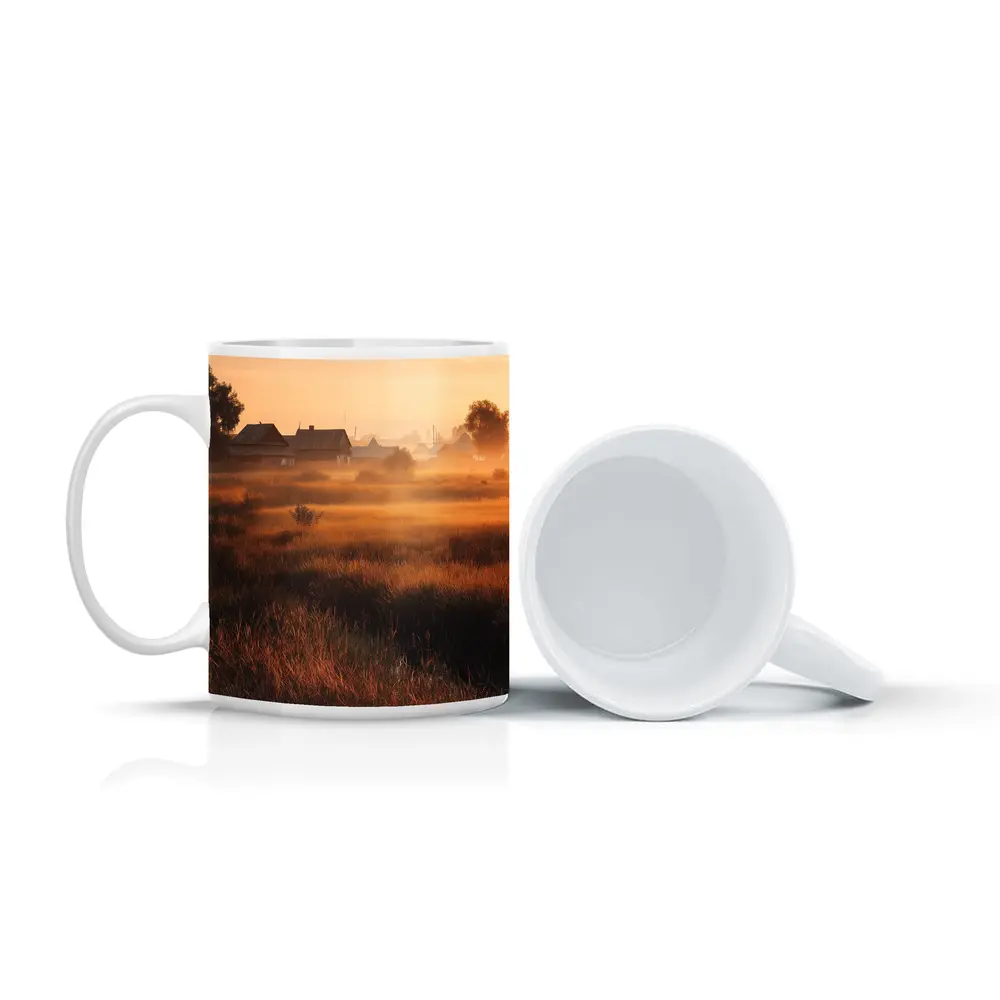 Misty Rural Village at Golden Sunrise – Mugs