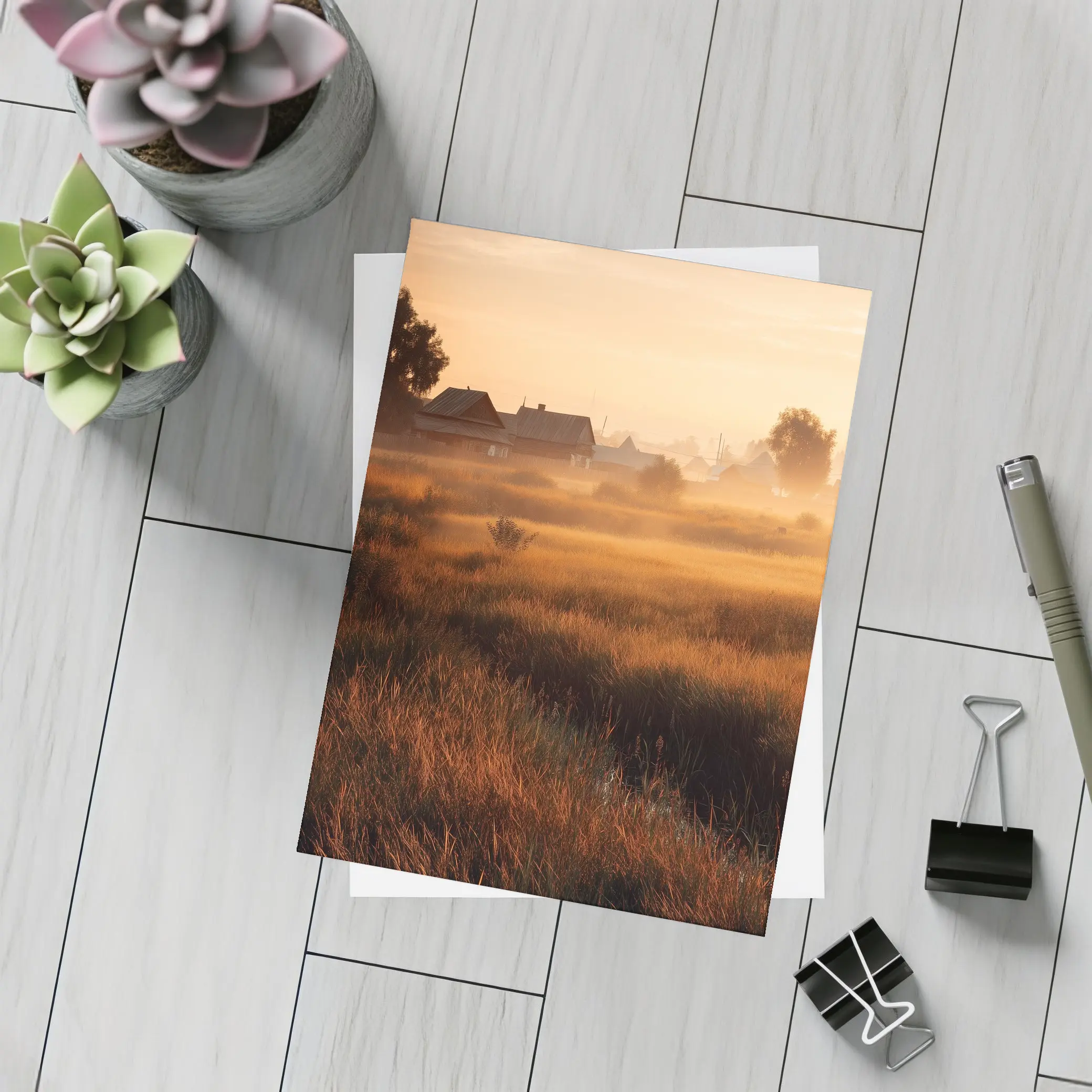 Misty Rural Village at Golden Sunrise – Postcards