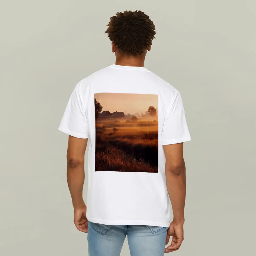 Misty Rural Village at Golden Sunrise – T-Shirts