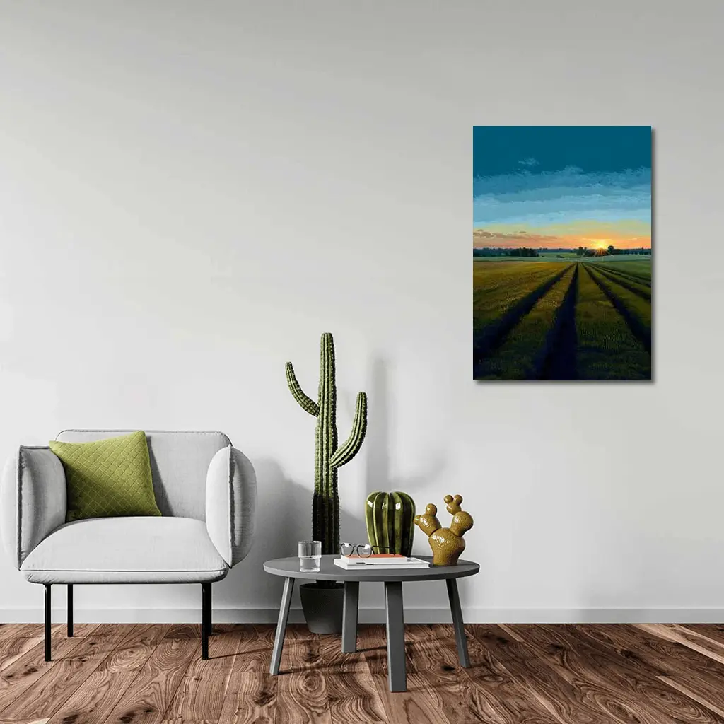 Sunset Over Green Farm Fields Art – Wall Art