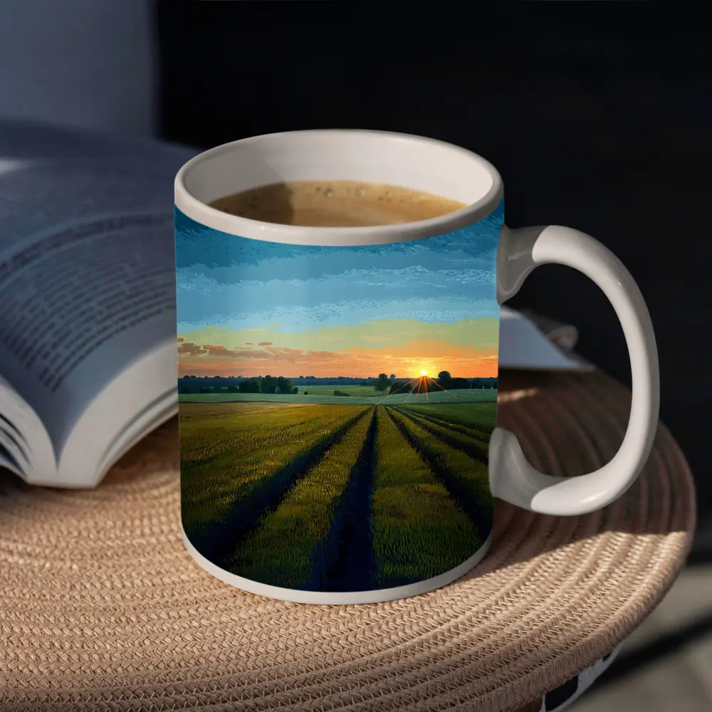 Sunset Over Green Farm Fields Art – Mugs