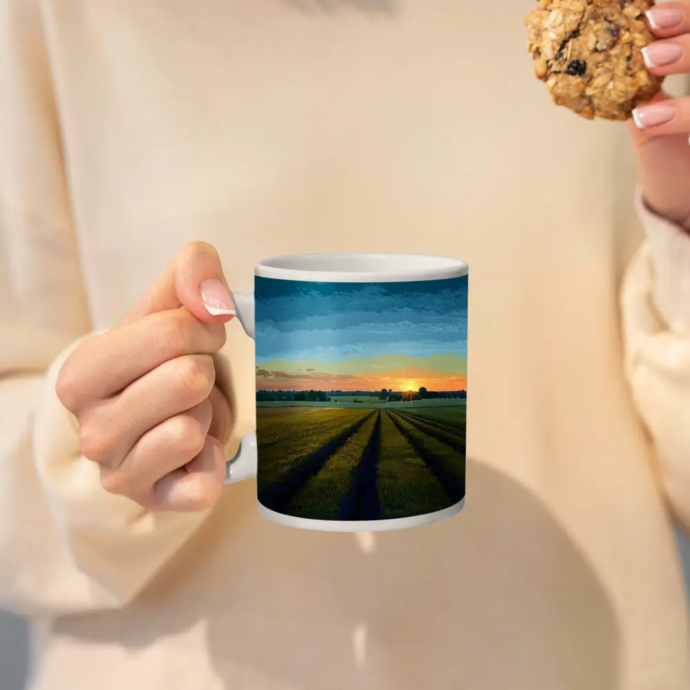 Sunset Over Green Farm Fields Art – Mugs