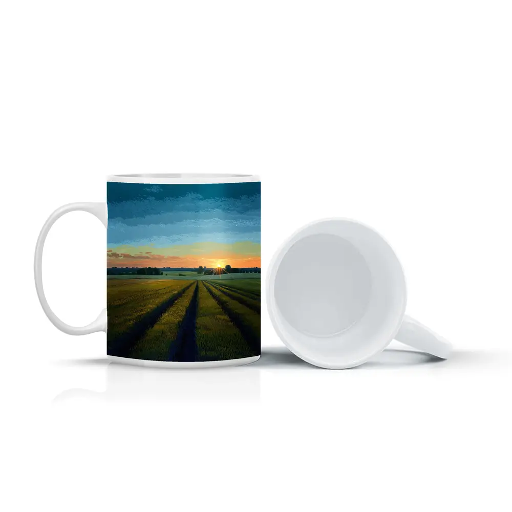 Sunset Over Green Farm Fields Art – Mugs