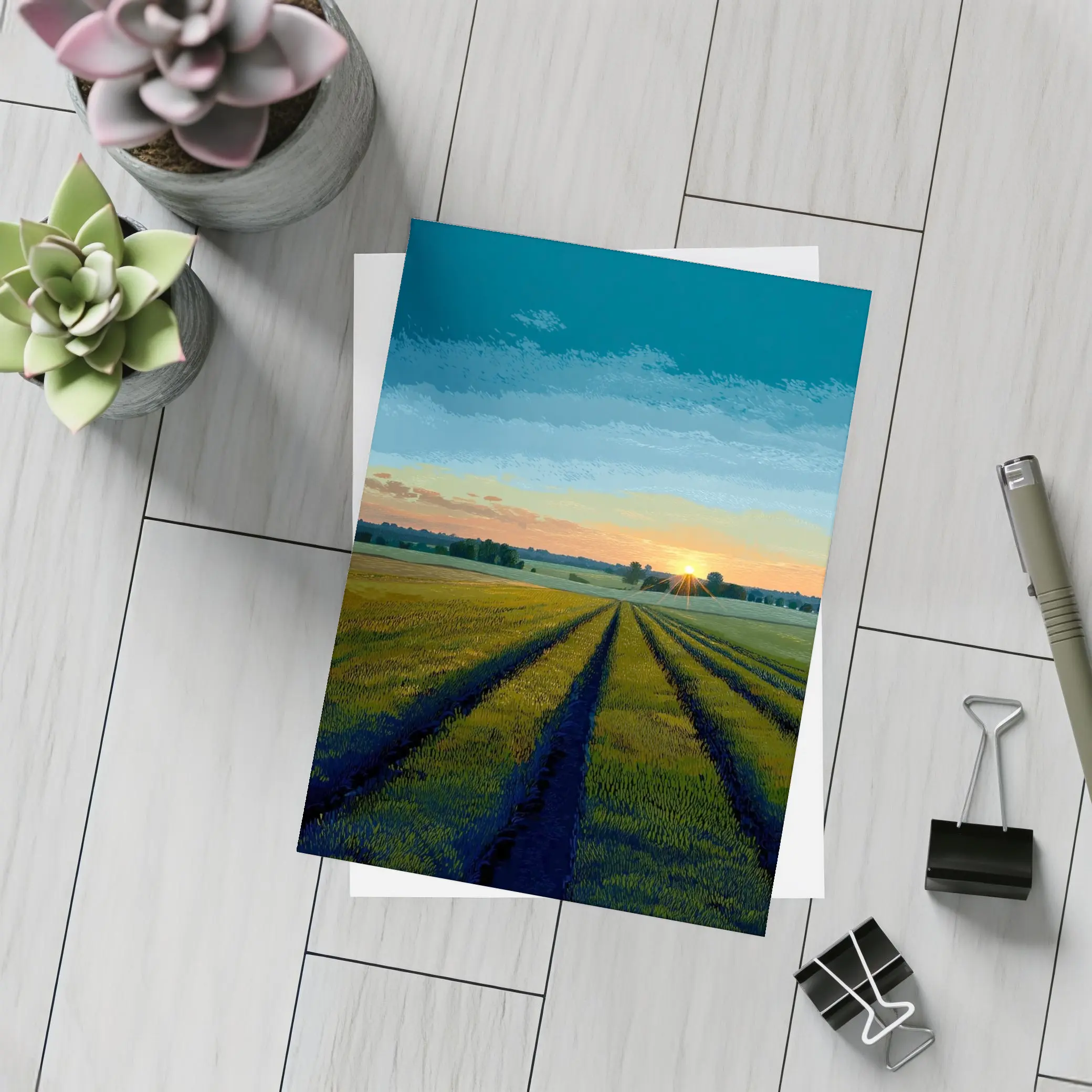 Sunset Over Green Farm Fields Art – Postcards
