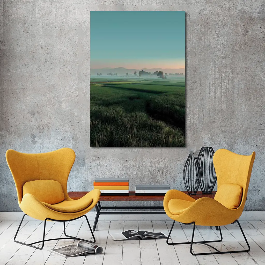 Misty Rice Fields at Early Morning Dawn – Wall Art
