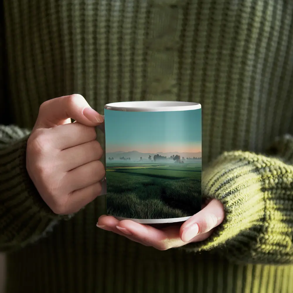 Misty Rice Fields at Early Morning Dawn – Mugs