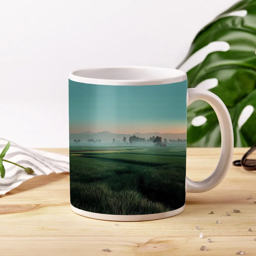 Misty Rice Fields at Early Morning Dawn – Mugs