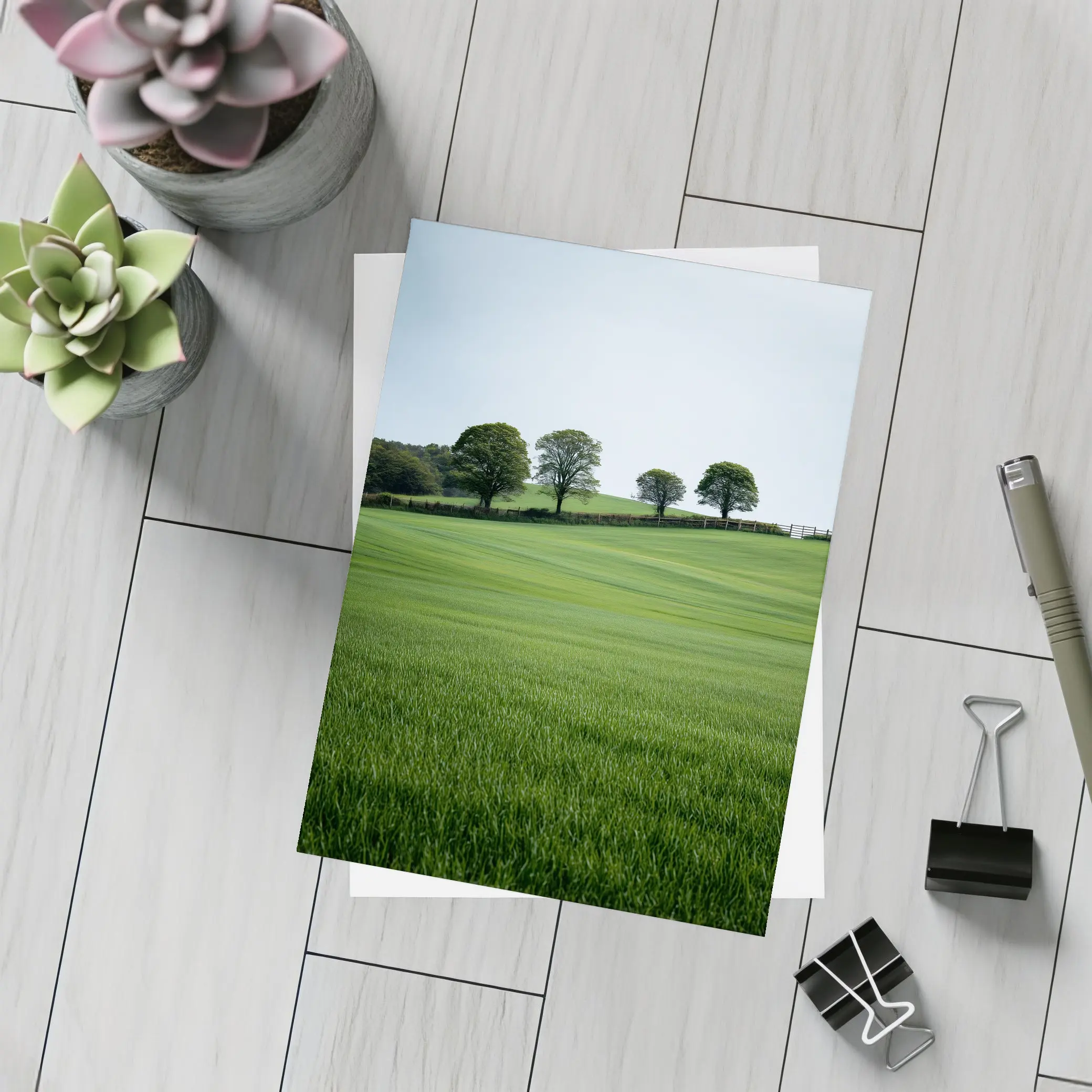 Green Rolling Fields With Trees Landscape – Postcards