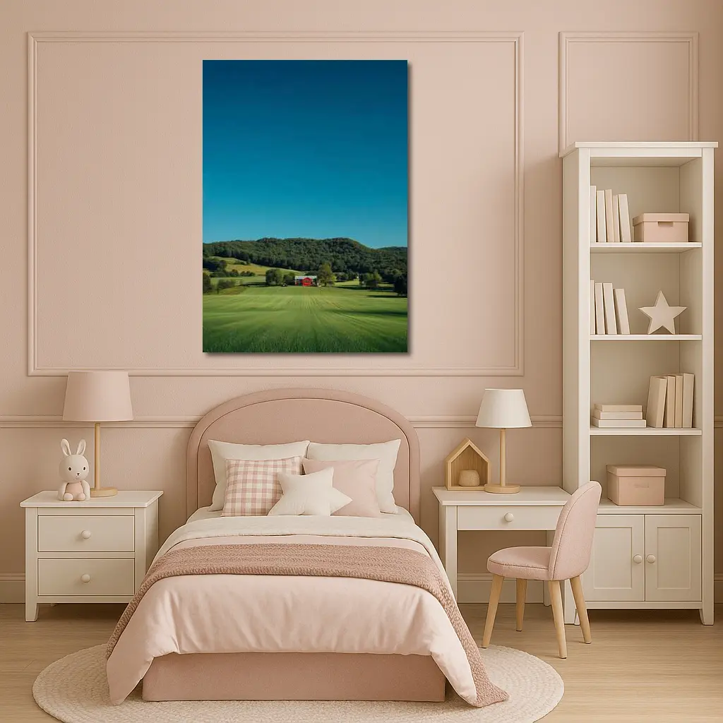 Red Barn Green Fields Rolling Hills Landscape – Wall Art