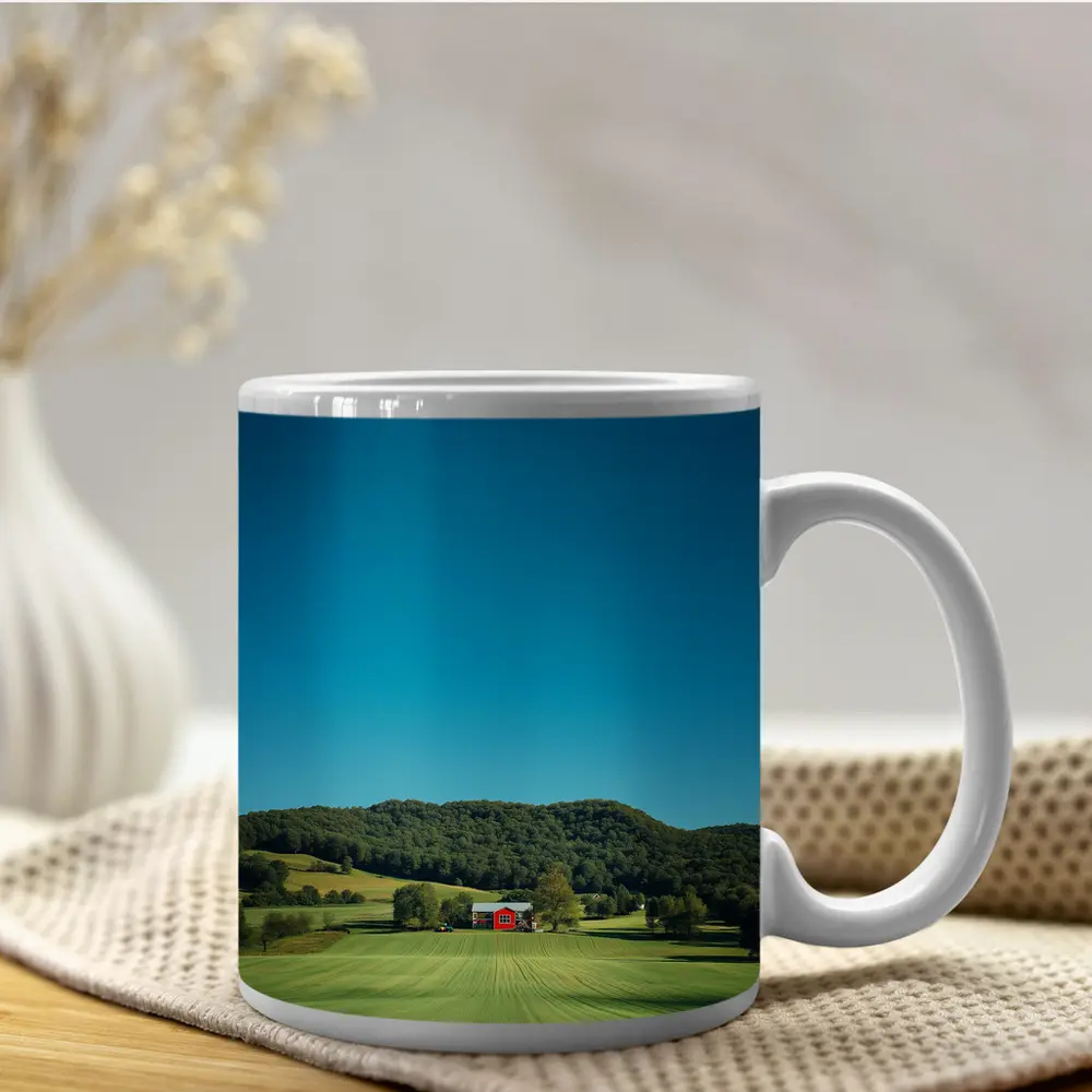 Red Barn Green Fields Rolling Hills Landscape – Mugs