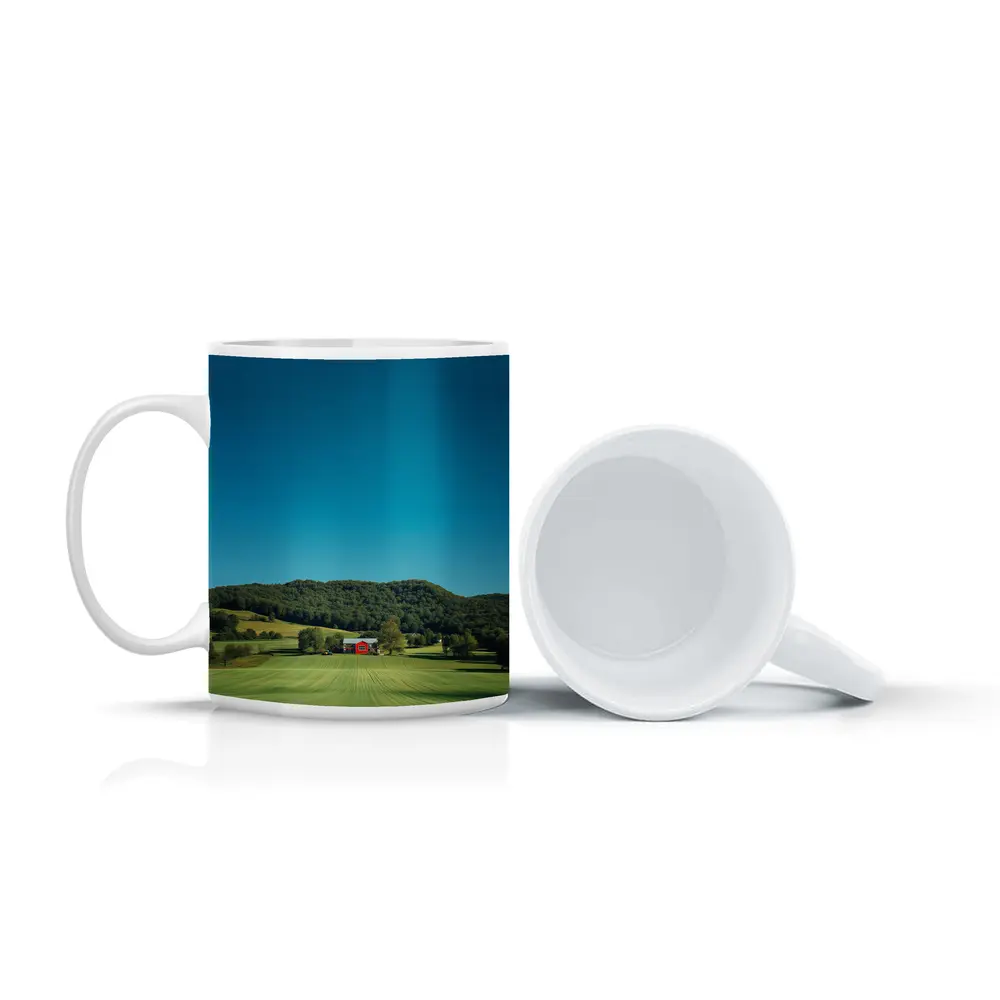 Red Barn Green Fields Rolling Hills Landscape – Mugs