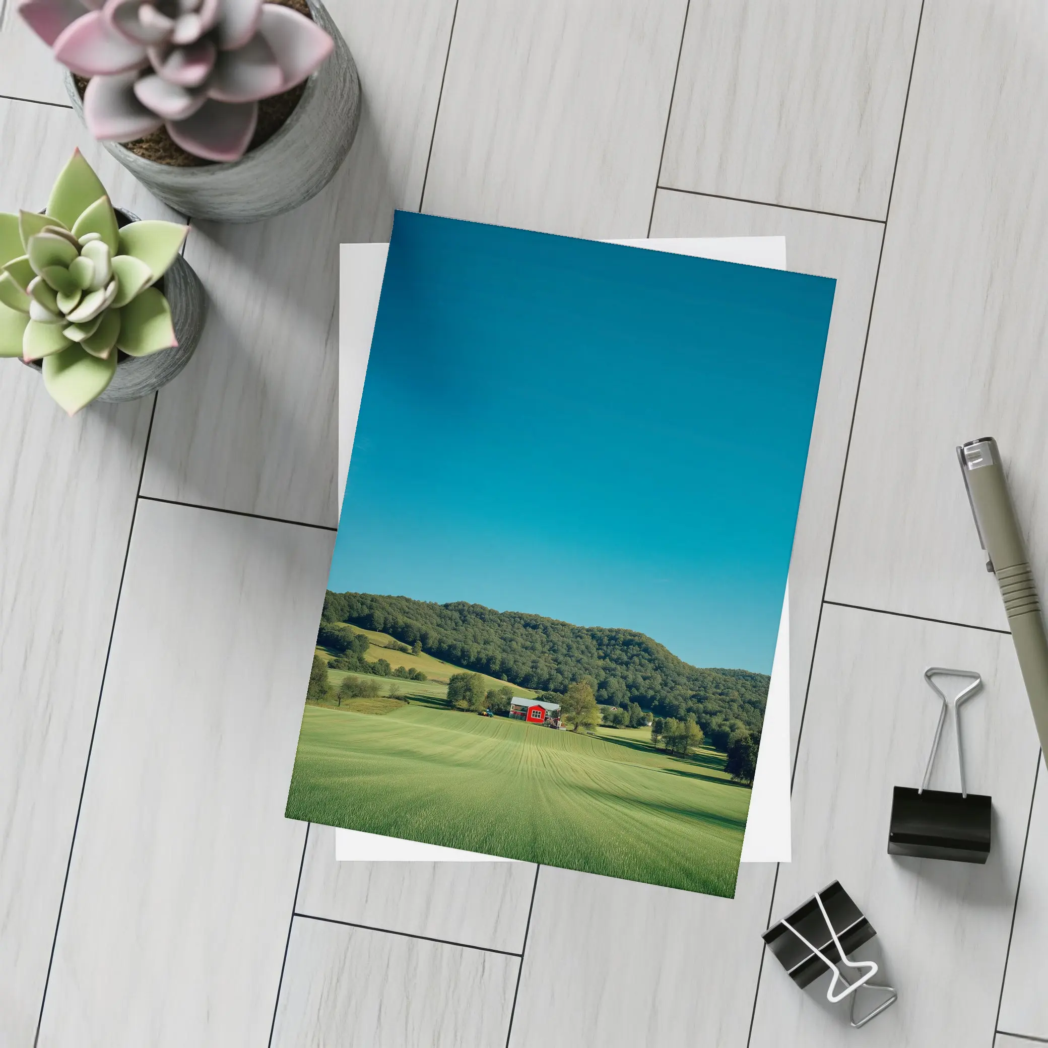Red Barn Green Fields Rolling Hills Landscape – Postcards