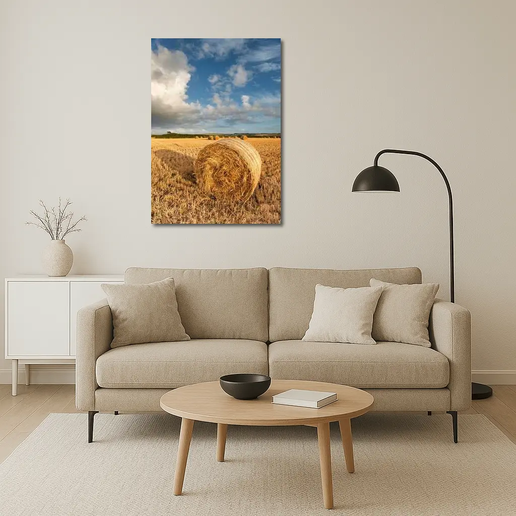 Hay Bale Golden Harvested Field Blue Sky – Wall Art