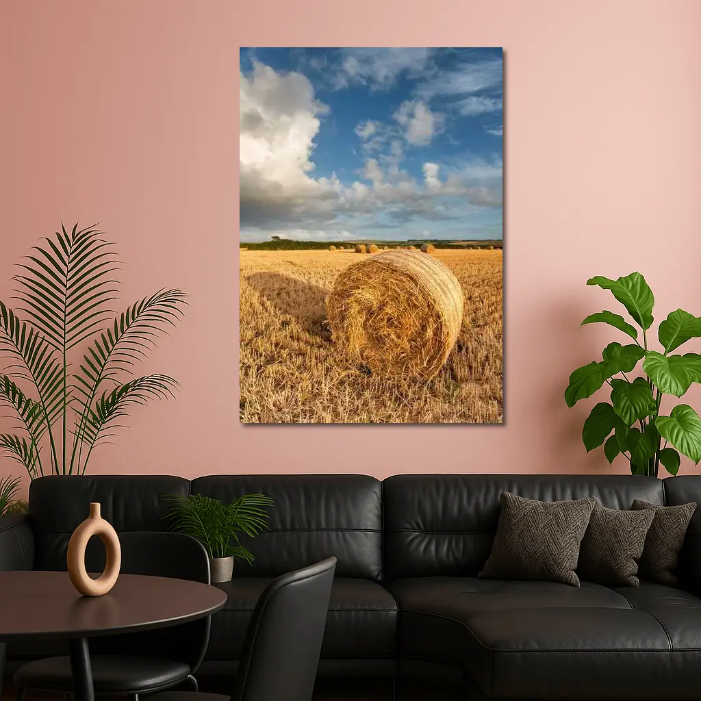 Hay Bale Golden Harvested Field Blue Sky – Wall Art