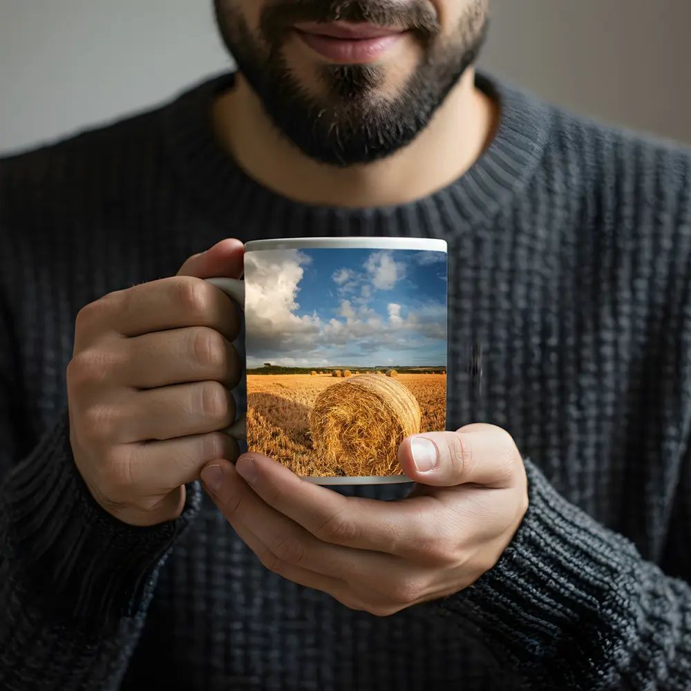Hay Bale Golden Harvested Field Blue Sky – Mugs