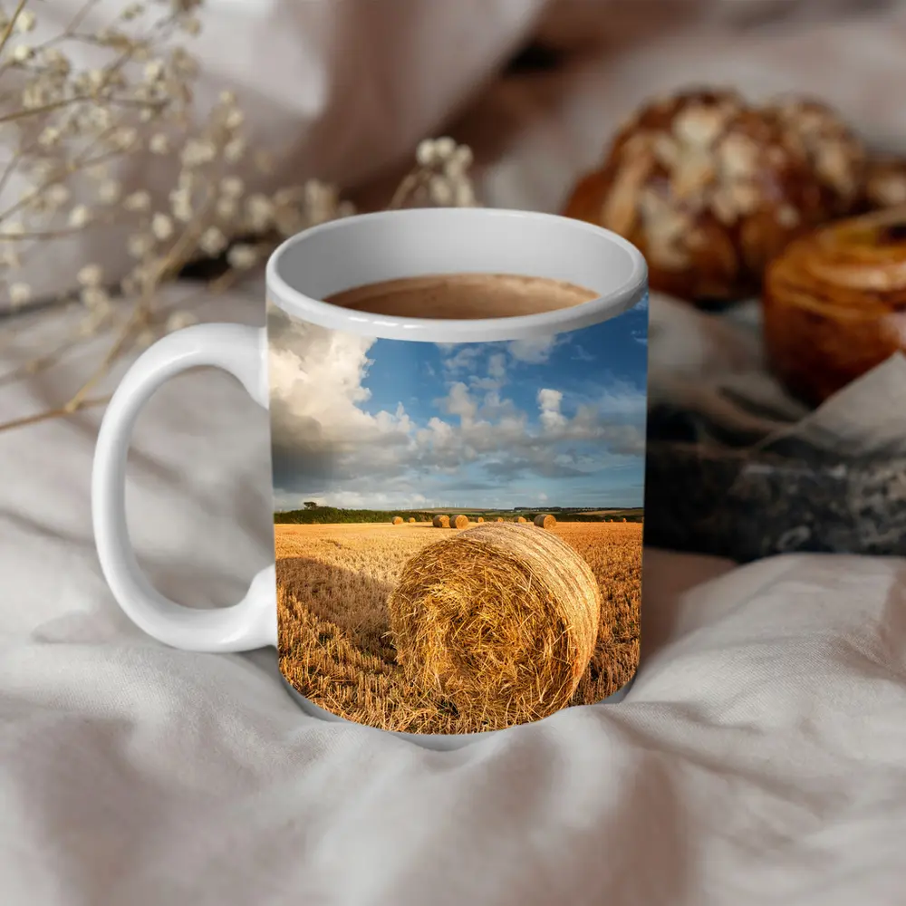 Hay Bale Golden Harvested Field Blue Sky – Mugs