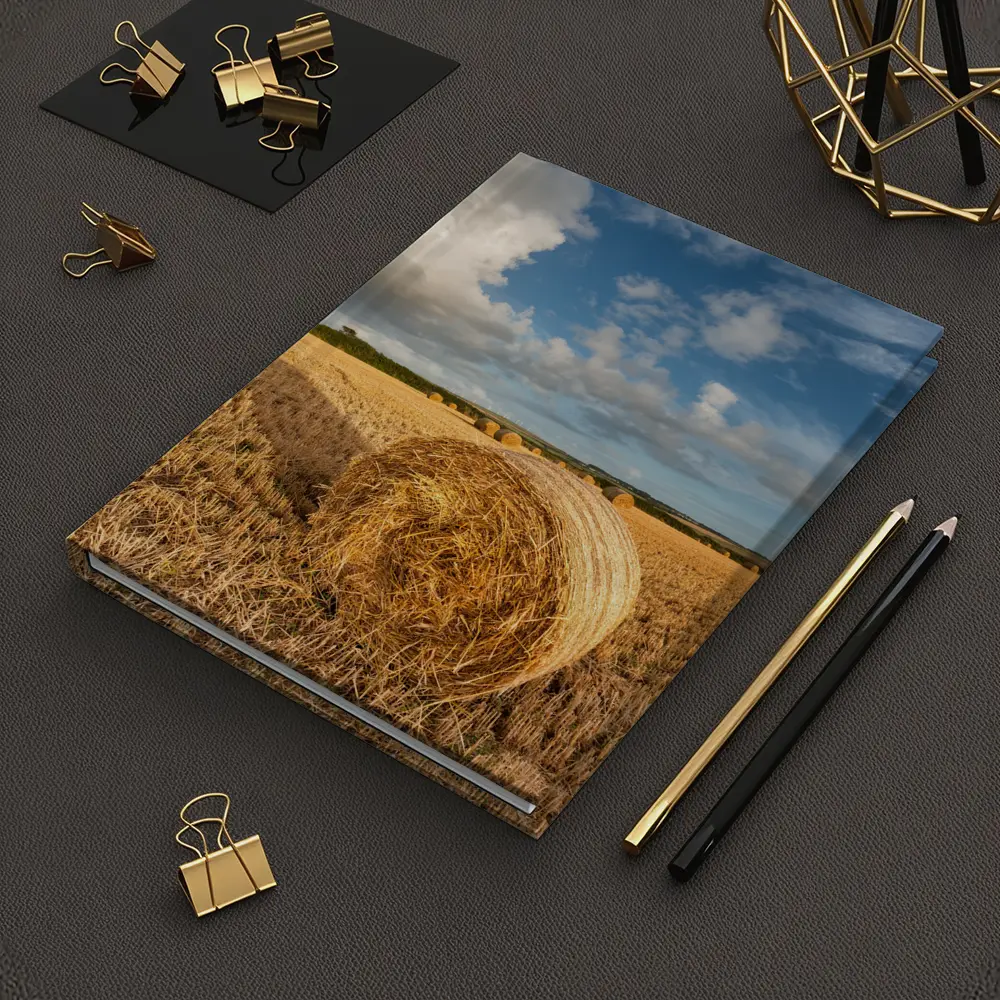 Hay Bale Golden Harvested Field Blue Sky – Notebooks