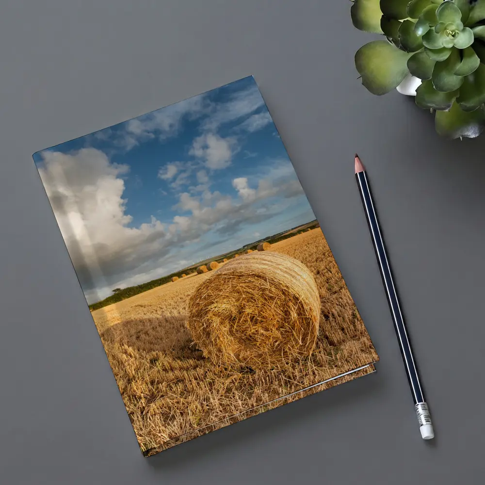 Hay Bale Golden Harvested Field Blue Sky – Notebooks
