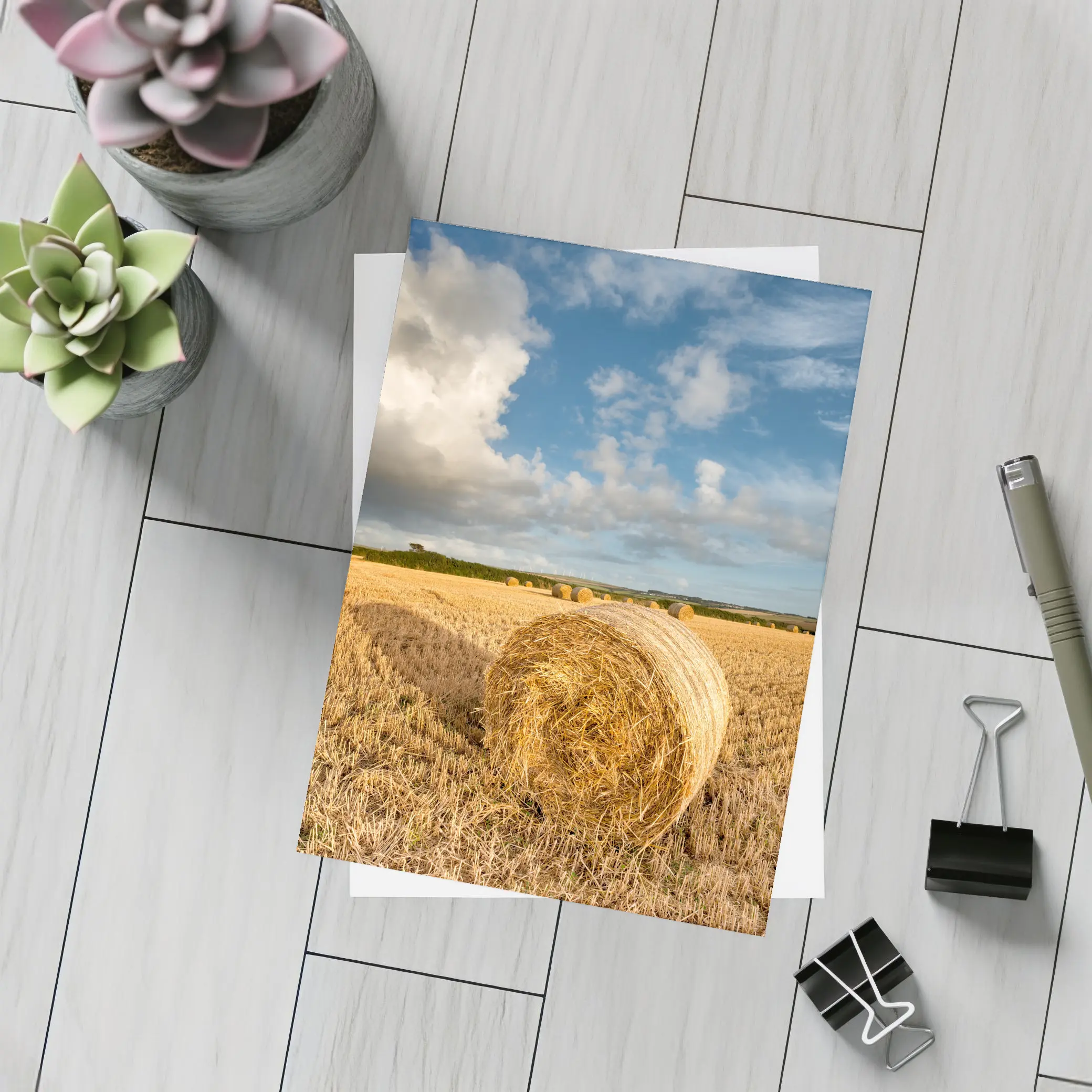 Hay Bale Golden Harvested Field Blue Sky – Postcards